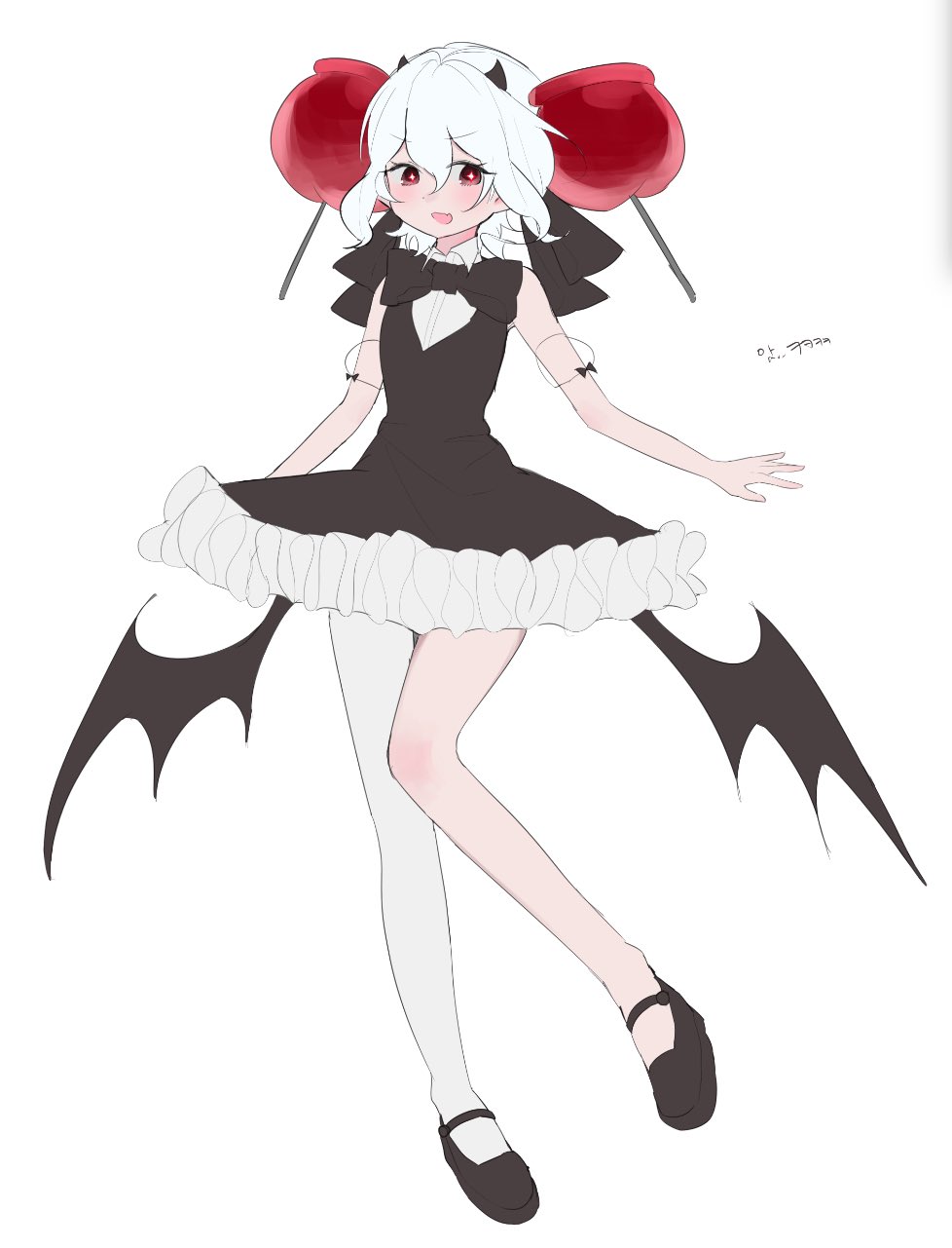 1girl, apple_hair_ornament, asymmetrical_eyelashes, black_bow, black_bowtie, black_dress, bow, bowtie