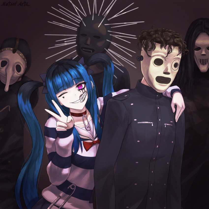 1girl, 4boys, absurdres, amemiya_darumi, black_background, black_bow, black_hair, blue_hair