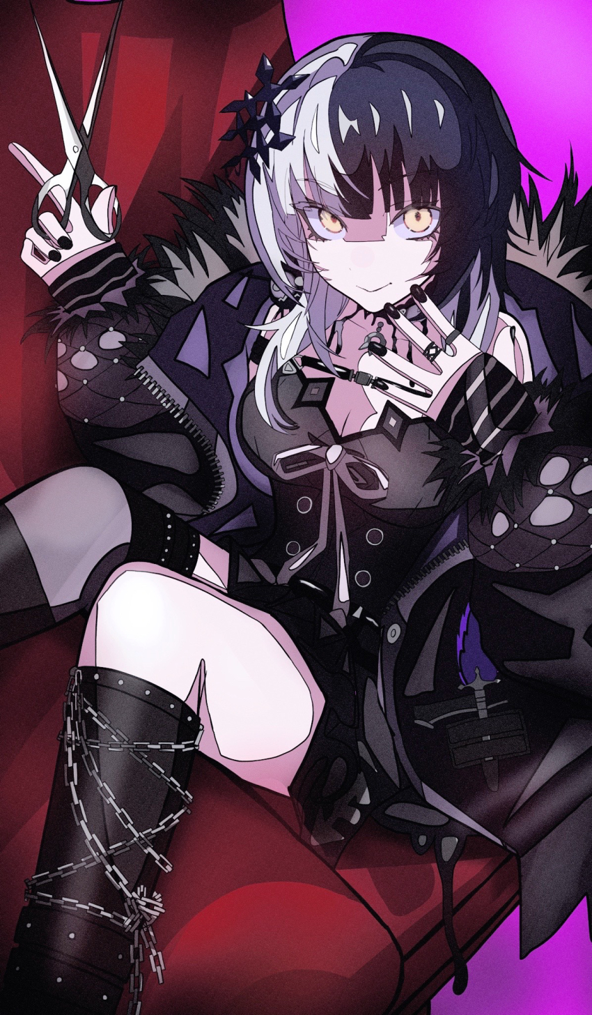 1girl, arm_warmers, black_boots, black_choker, black_dress, black_eyeliner, black_eyeshadow, black_hair, black_jacket, black_nails, boots, breasts, chain, choker, cleavage, coat, dress, emo_fashion, eyelashes, eyeliner, eyeshadow, fur-trimmed_coat, fur_collar, fur_trim, gloves, goth_fashion, grey_hair, hair_ornament, highres, holding, holding_scissors, hololive, hololive_english, jacket, jewelry, kikkasoon, lace, lace-trimmed_choker, lace_choker, lace_trim, long_hair, long_sleeves, looking_at_viewer, makeup, medium_breasts, multicolored_hair, nail_polish, open_clothes, open_jacket, ring, scissors, shiori_novella, shiori_novella_(1st_costume), smile, solo, split-color_hair, striped_arm_warmers, striped_clothes, striped_gloves, thick_thighs, thighs, two-tone_hair, virtual_youtuber, white_hair, yellow_eyes