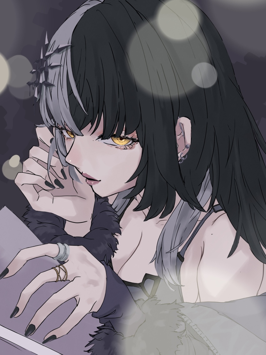 1girl, absurdres, black_coat, black_dress, black_hair, black_nails, breasts, cleavage