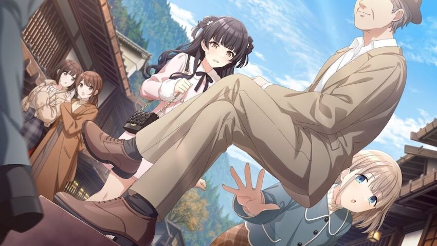 bag, black_hair, blue_eyes, brown_eyes, building, buttons, cloud, coat