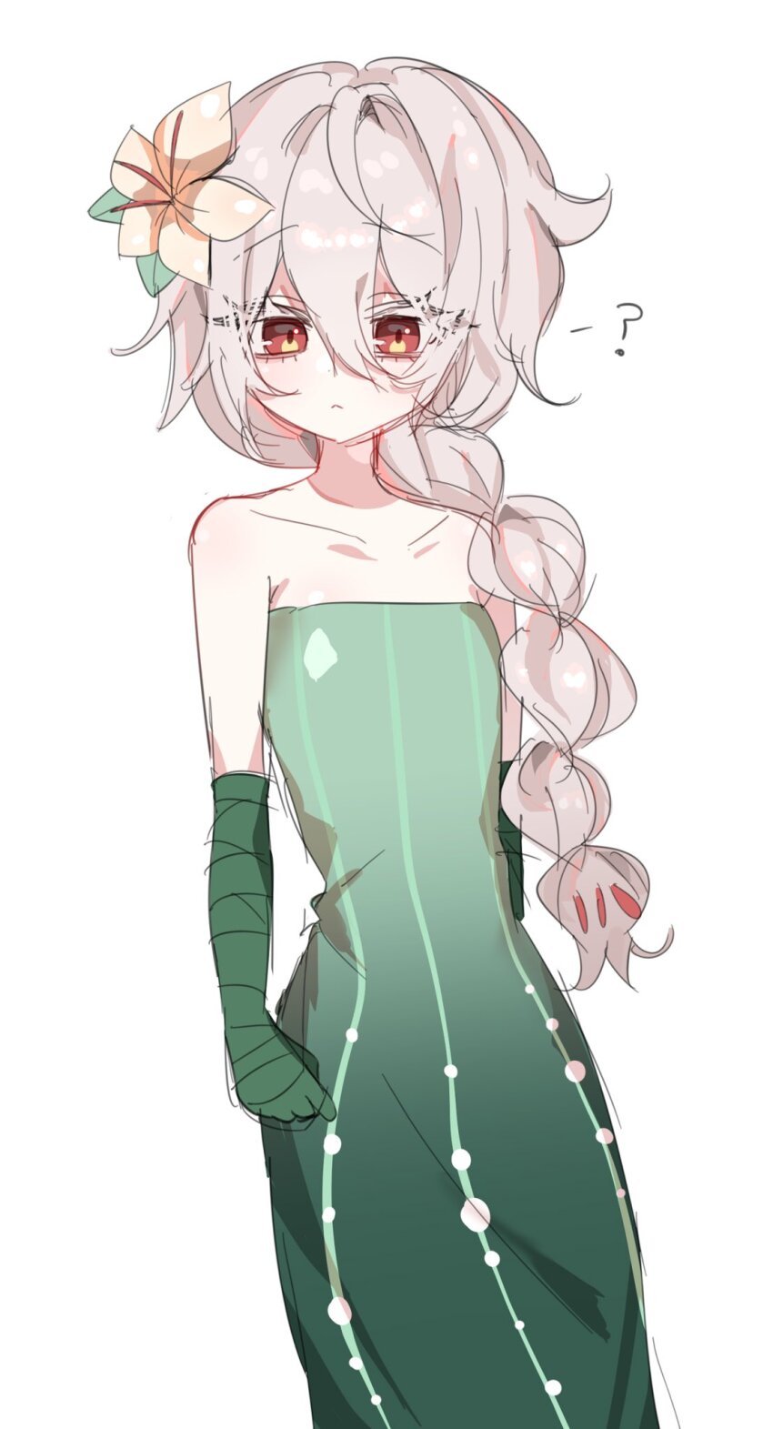 1girl, braid, closed_mouth, cookie_run, cookie_run:_kingdom, crk_gyul, dress, flower, gloves, green_dress, green_gloves, hair_flower, hair_ornament, highres, humanization, lily_(flower), long_hair, looking_at_viewer, red_eyes, simple_background, solo, very_long_hair, white_background, white_flower, white_hair, white_lily, white_lily_cookie