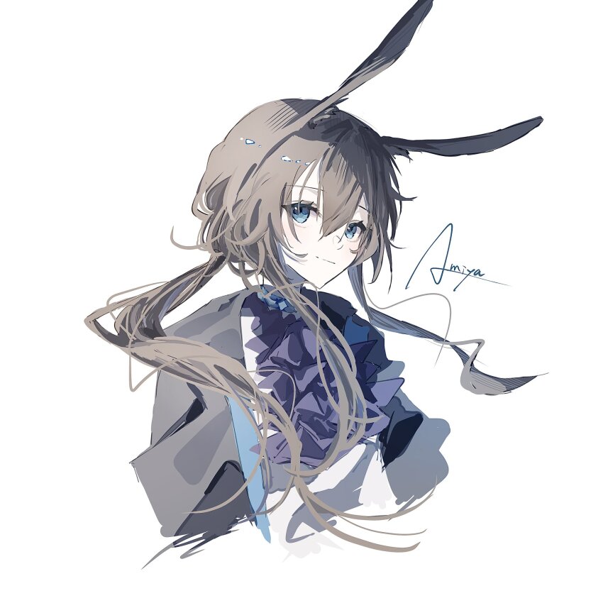 1girl, amiya_(arknights), animal_ears, arknights, blue_eyes, brown_hair, character_name, closed_mouth
