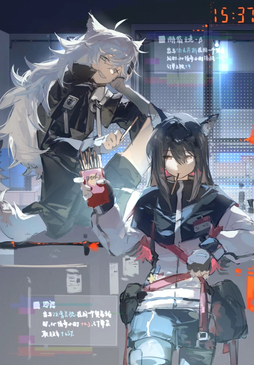 2girls, animal_ears, arknights, black_capelet, black_gloves, black_hair, black_jacket, capelet