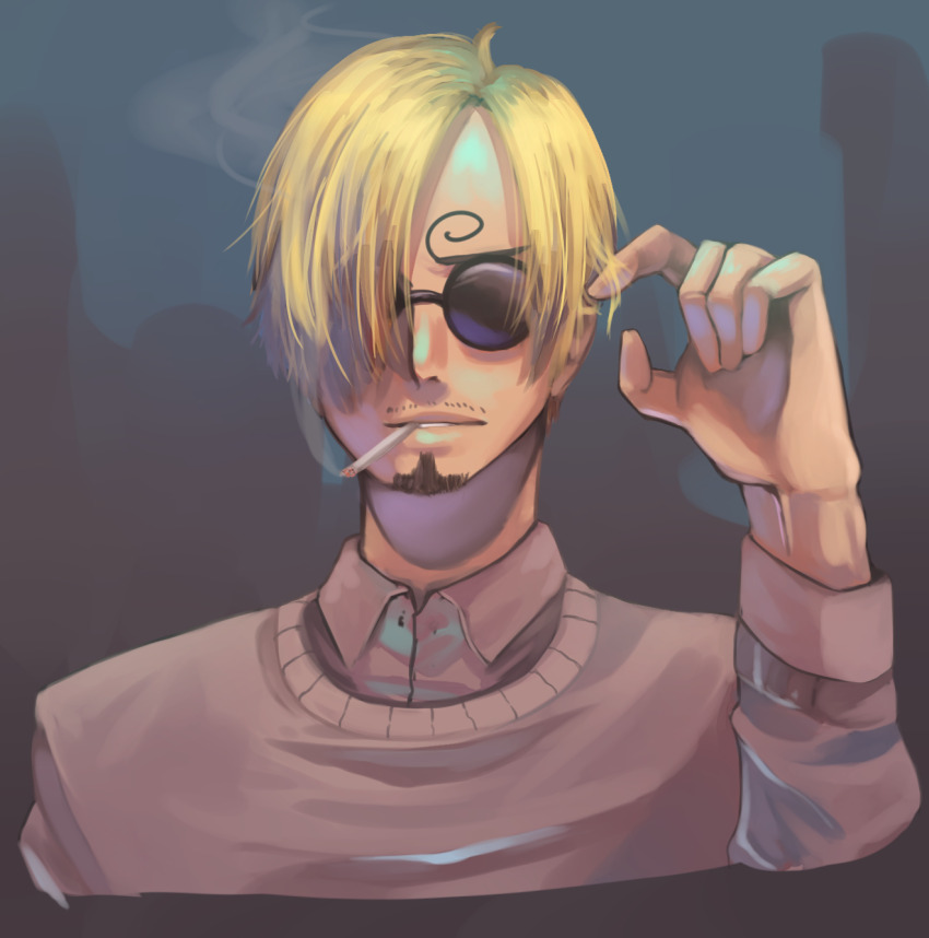 1boy, alternate_costume, blonde_hair, cigarette, clip_studio_paint_(medium), commentary, curly_eyebrows, english_commentary