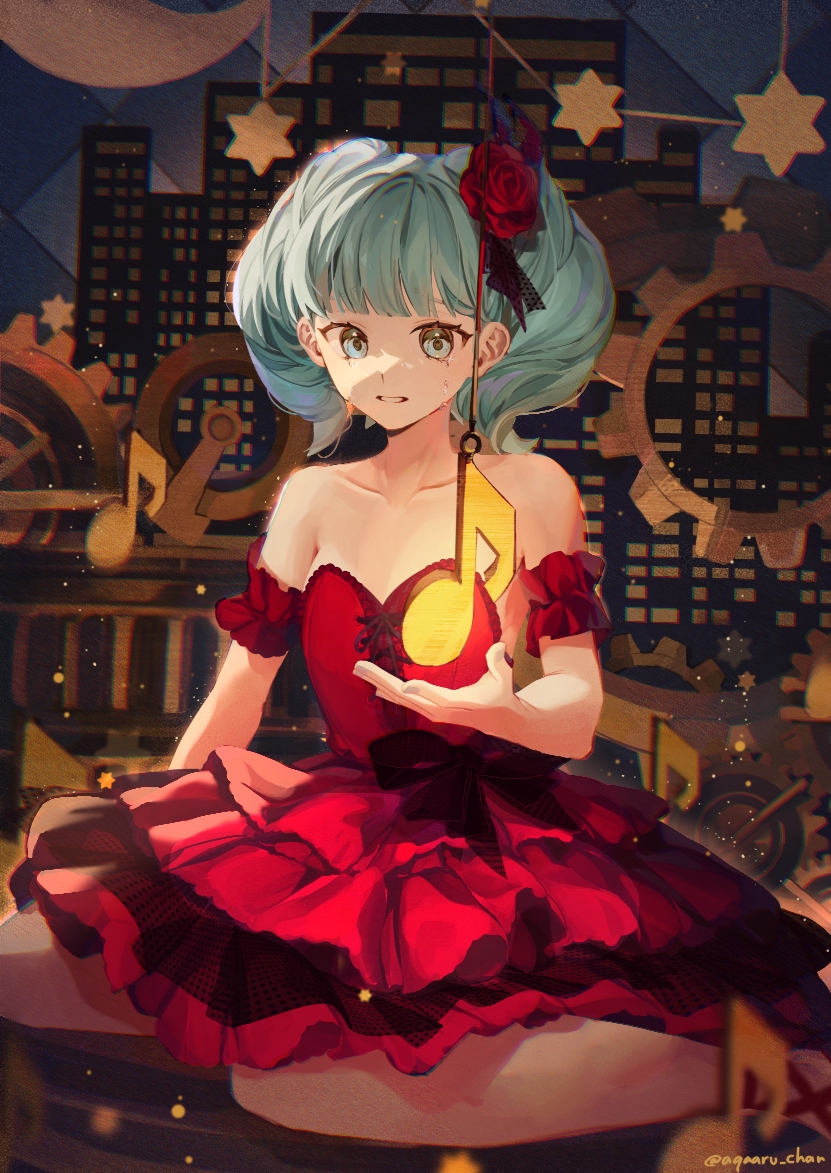 1girl, agaaru_chan, alternate_hairstyle, aqua_eyes, aqua_hair, breasts, dress, gaikotsu_gakudan_to_riria_(vocaloid)