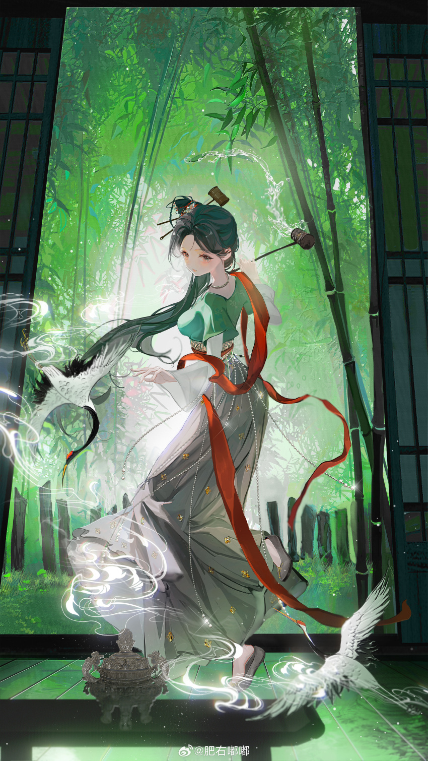 1girl, absurdres, bamboo, bamboo_forest, bird, black_eyes, black_hair, braid