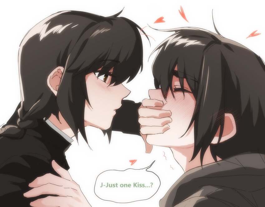 1boy, 1girl, black_hair, black_jacket, blush, brown_eyes, covering_another's_mouth, degrees_of_lewdity