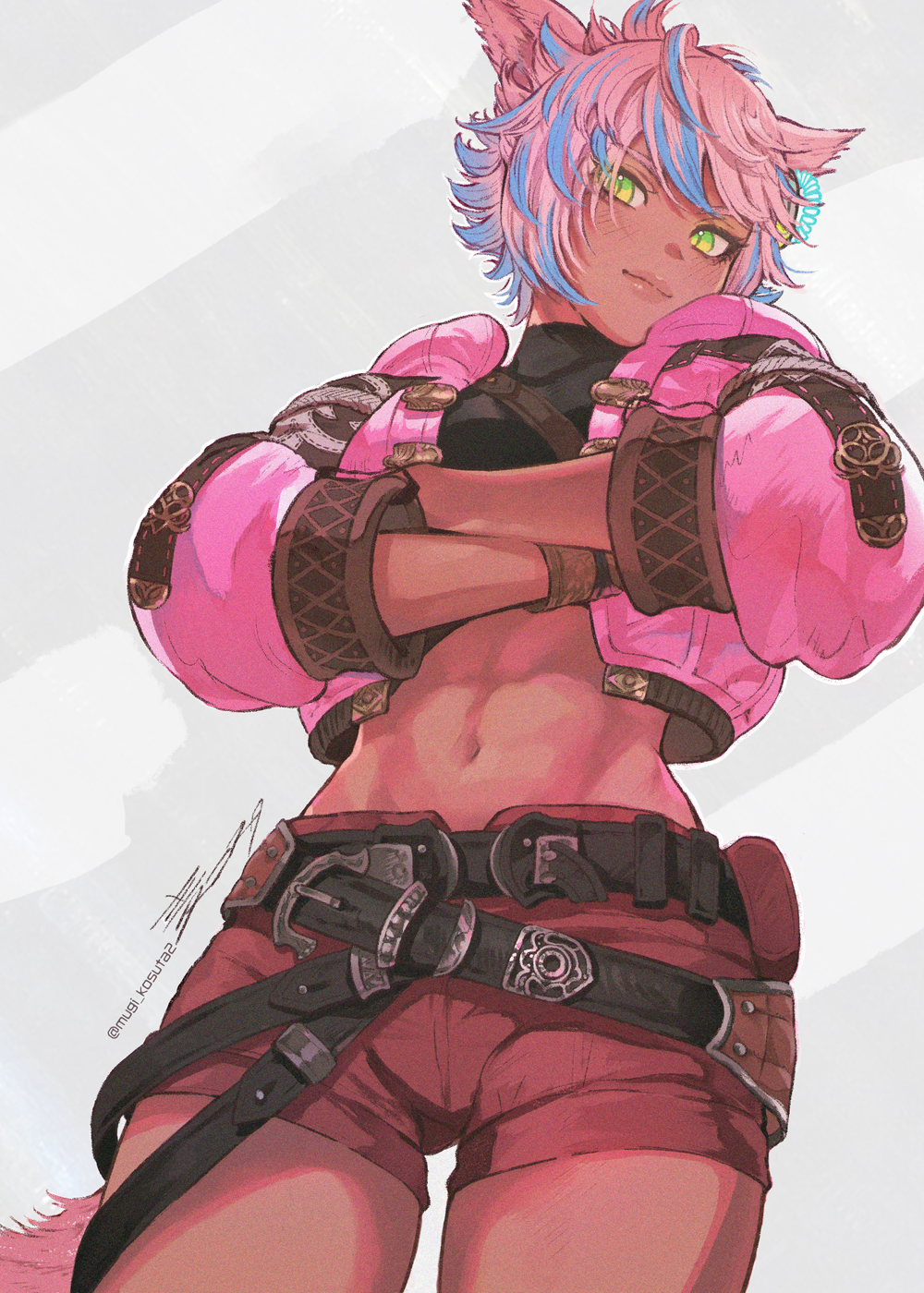1girl, animal_ears, belt, black_belt, blue_hair, brown_shorts, cat_ears, cat_girl, cat_tail, closed_mouth, cowboy_shot, dark-skinned_female, dark_skin, final_fantasy, final_fantasy_xiv, green_eyes, highres, jacket, looking_at_viewer, mugi_kosuta, muscular, muscular_female, navel, pink_hair, pink_jacket, shorts, smile, solo, tail, yaana_(ff14)