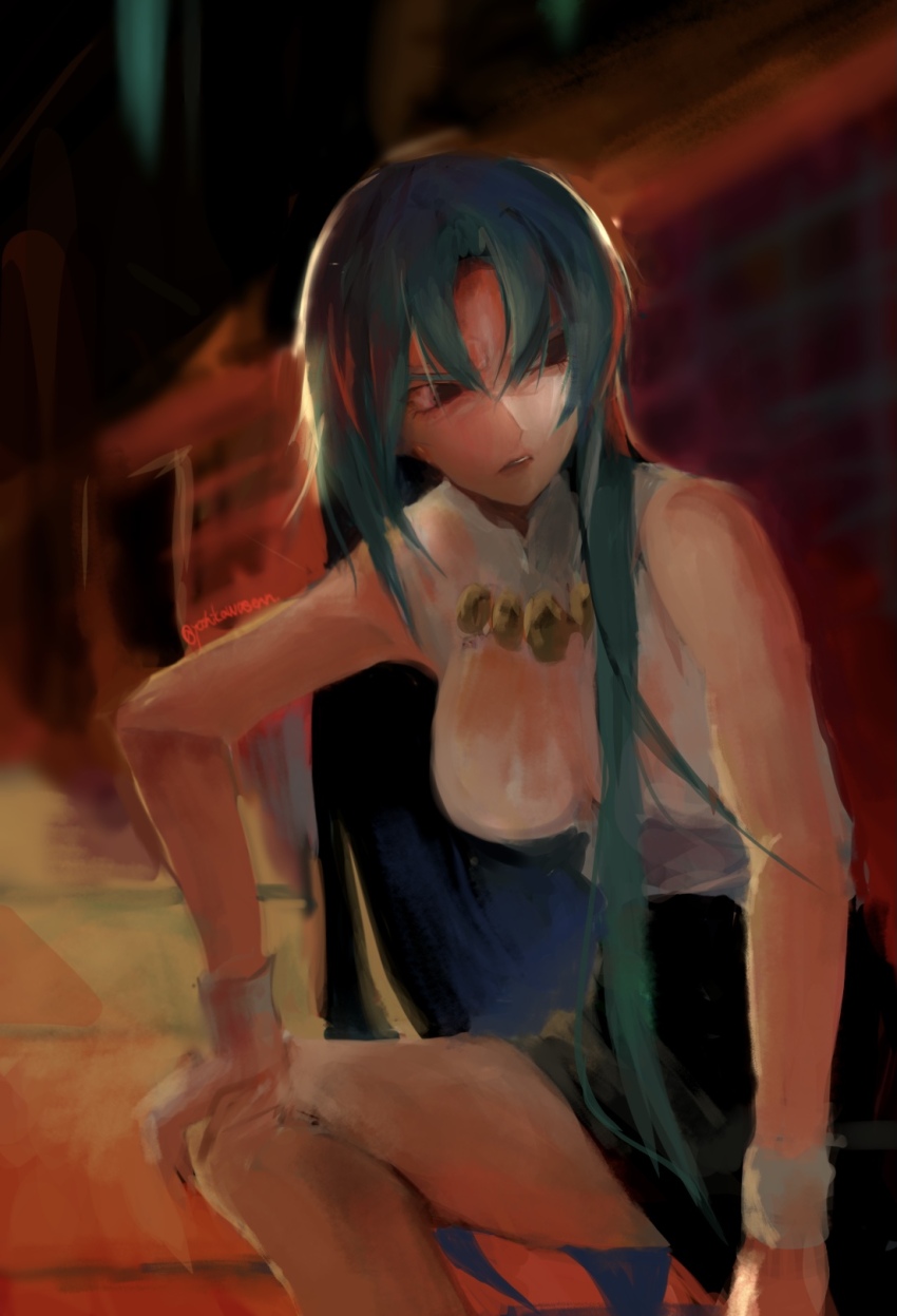 1girl, black_eyes, black_skirt, blurry, blurry_background, breasts, commentary_request, feet_out_of_frame, gloves, green_hair, hand_on_own_knee, highres, higurashi_no_naku_koro_ni, higurashi_no_naku_koro_ni_gou, large_breasts, long_hair, looking_afar, orange_background, parted_bangs, pencil_skirt, shirt, skirt, sleeveless, sleeveless_shirt, solo, sonozaki_shion, v-shaped_eyebrows, very_long_hair, white_gloves, white_shirt, yoshikawasenn