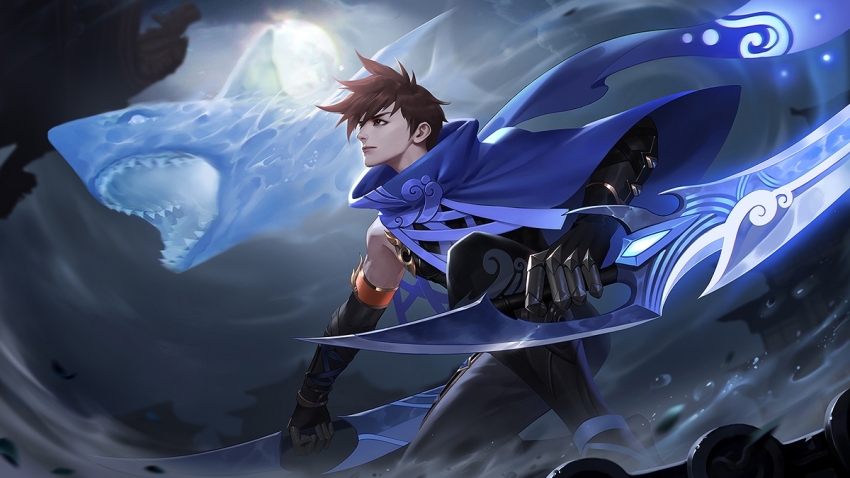 1boy, asymmetrical_hair, black_eyes, black_gloves, black_pants, black_shirt, blue_cloak, brown_hair