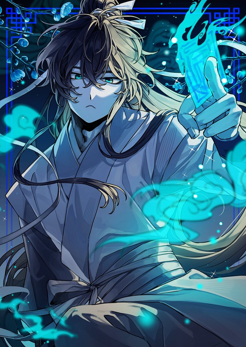 1boy, :<, aqua_eyes, black_hair, blue_flower, chinese_clothes, cowboy_shot, crossed_bangs