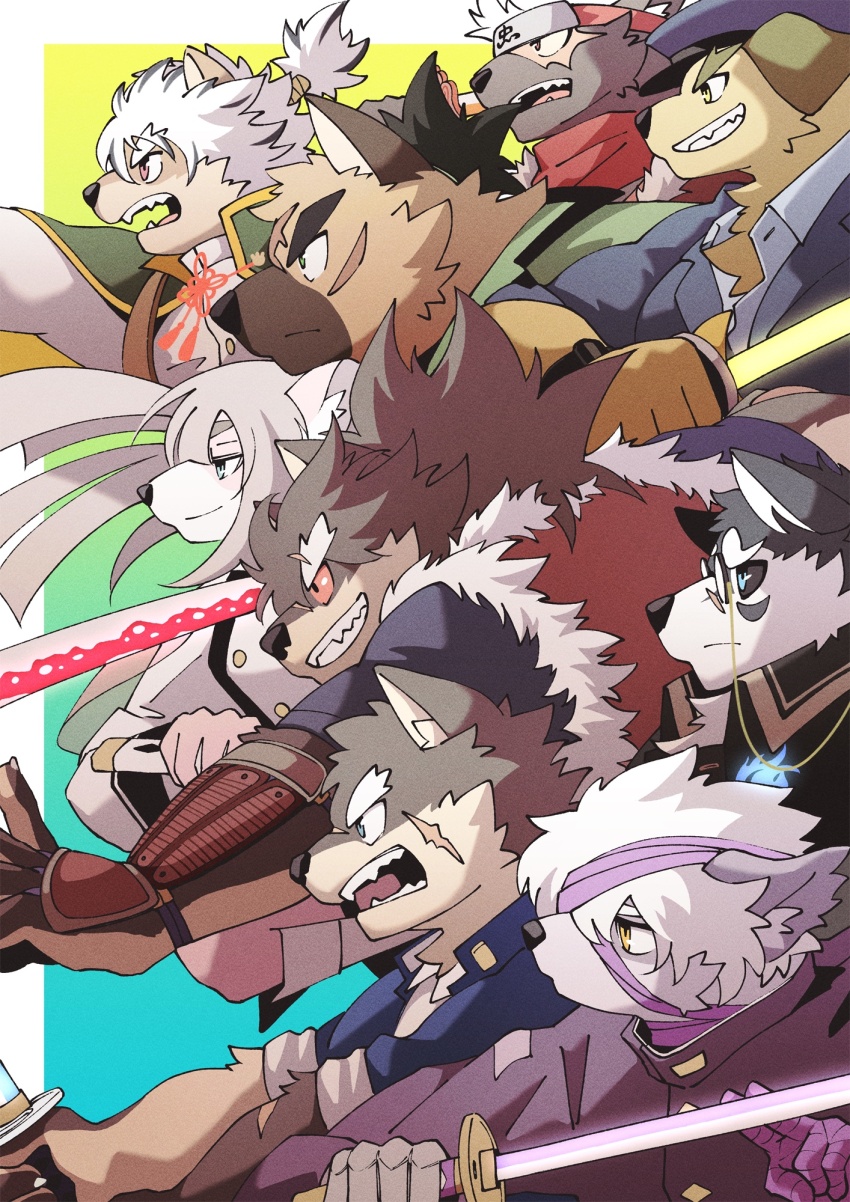 6+boys, animal_ears, closed_mouth, commentary_request, dog_boy, dog_ears, animal_nose, furry, furry_male, highres, holding, holding_sword, holding_weapon, kakeroid, katana, looking_to_the_side, male_focus, masashi_(housamo), moritaka_(housamo), multiple_boys, nobumichi_(housamo), open_mouth, shino_(housamo), smile, sword, tadatomo_(housamo), tanetomo_(housamo), tokyo_houkago_summoners, weapon, yasuyori_(housamo), yoshito_(housamo)