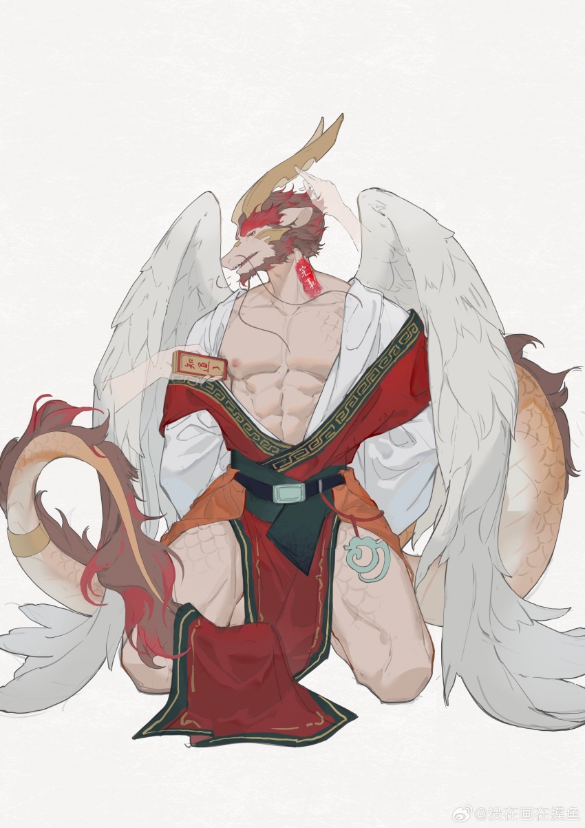 1boy, abs, absurdres, animal_ears, arms_behind_back, bara, chinese_clothes, chinese_commentary