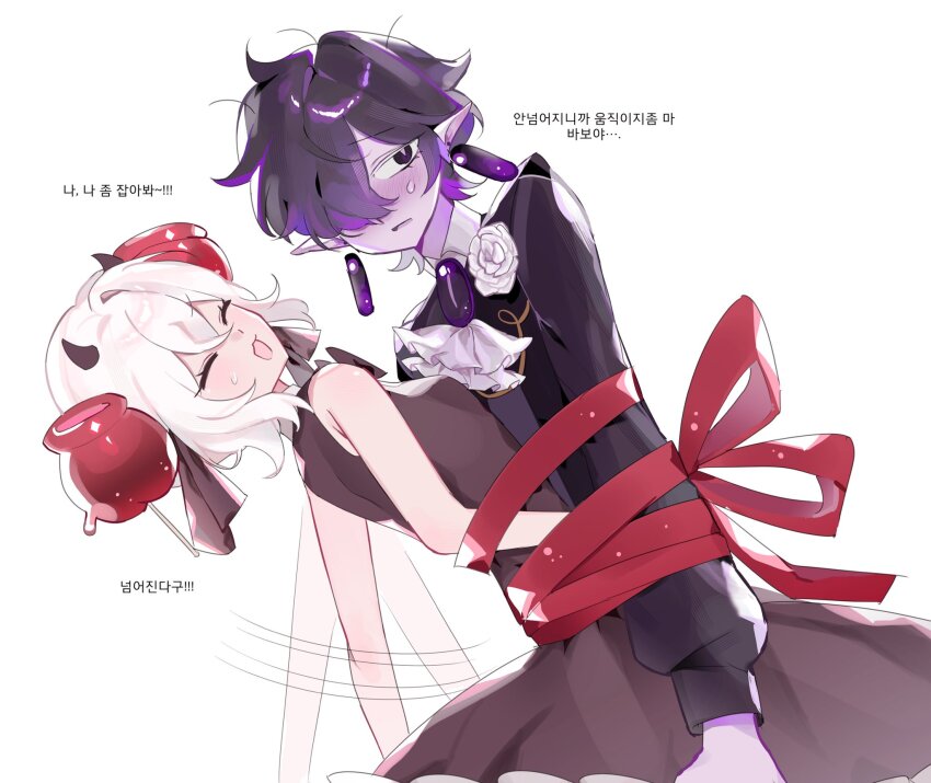 1boy, 1girl, ascot, black_bow, black_eyes, black_hair, black_sapphire_cookie, black_shirt