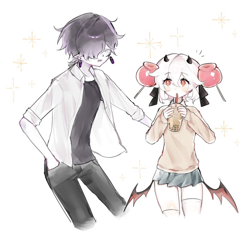 1boy, 1girl, alternate_costume, apple_hair_ornament, black_eyes, black_hair, black_sapphire_cookie, candy_apple