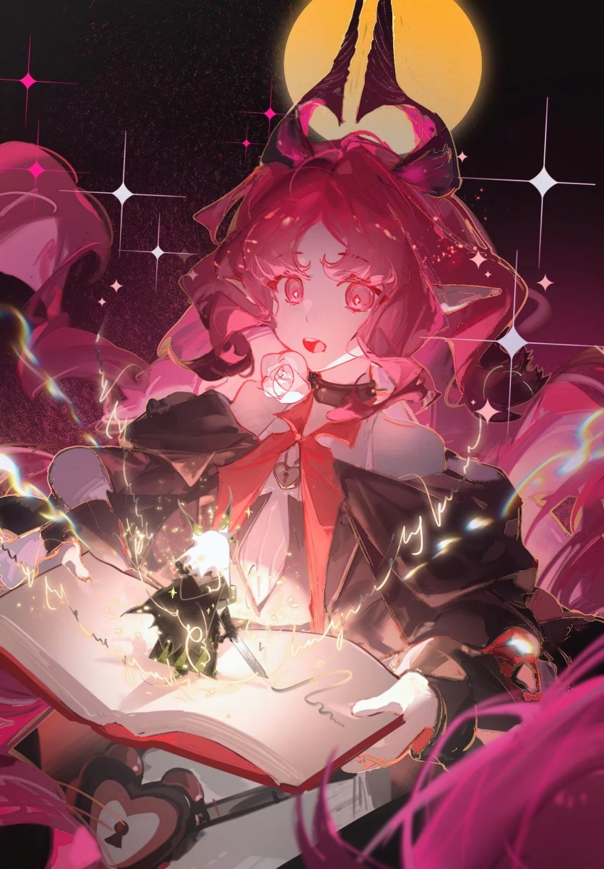 2girls, arknights, bare_shoulders, book, bright_pupils, chinese_commentary, commentary_request, diamond-shaped_pupils, diamond_(shape), floating_hair, flower, hewu639356, highres, holding, holding_book, holding_sword, holding_weapon, jewelry, kal'tsit_(arknights), keyhole, locket, long_hair, long_sleeves, looking_at_viewer, magic, mini_person, minigirl, multiple_girls, nymph_(arknights), open_book, open_mouth, pendant, pink_eyes, pink_hair, pointy_ears, rose, sparkle, sword, symbol-shaped_pupils, very_long_hair, weapon, white_flower, white_pupils, white_rose