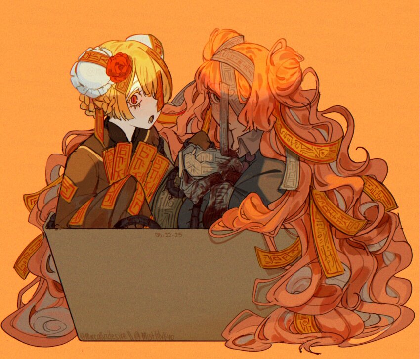 2girls, :o, blonde_hair, bun_cover, commentary, dated, don_quixote_(project_moon), double_bun