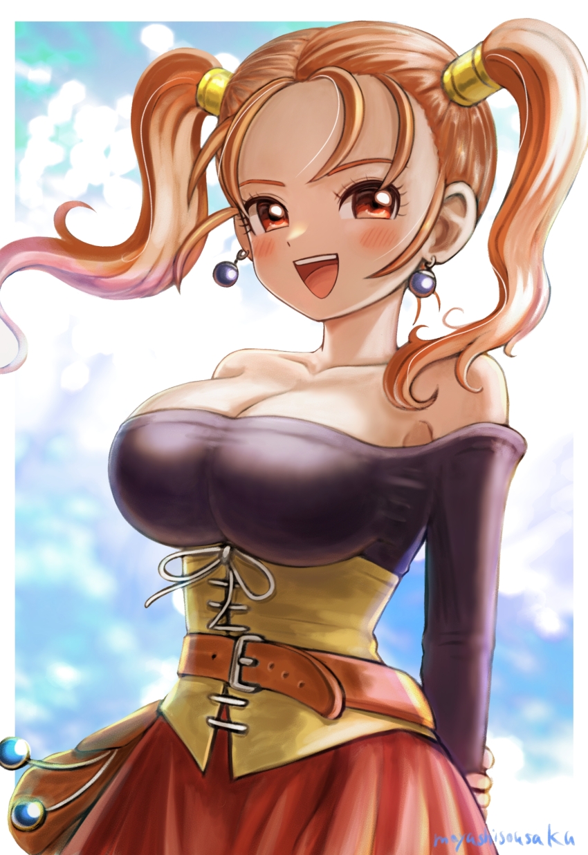 1girl, absurdres, arms_behind_back, bare_shoulders, belt, belt_buckle, blue_skirt, blush, breasts, buckle, cleavage, collarbone, commentary, corset, cowboy_shot, dragon_quest, dragon_quest_viii, earrings, highres, jessica_albert, jewelry, large_breasts, long_hair, long_sleeves, looking_at_viewer, moyapippi, off-shoulder_shirt, off_shoulder, open_mouth, orange_hair, red_eyes, red_skirt, shirt, skirt, solo, teeth, twintails, twitter_username, upper_teeth_only, yellow_corset