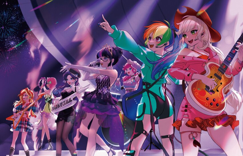 6+girls, :d, absurdres, aerial_fireworks, ahoge, ankle_boots, applejack, applejack_(equestria_girls)