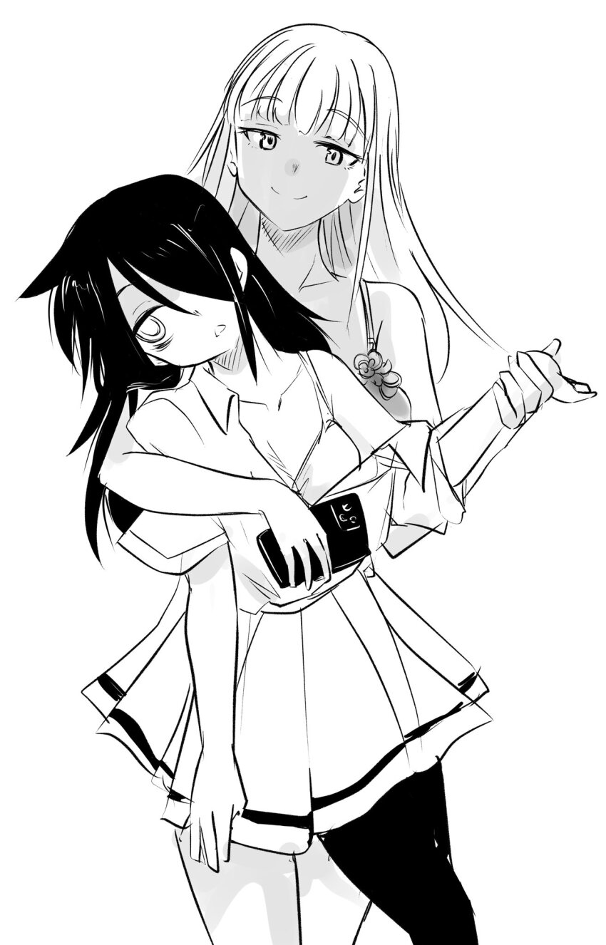 2girls, bags_under_eyes, blunt_bangs, blush, breasts, cardigan_vest, closed_mouth, commentary_request