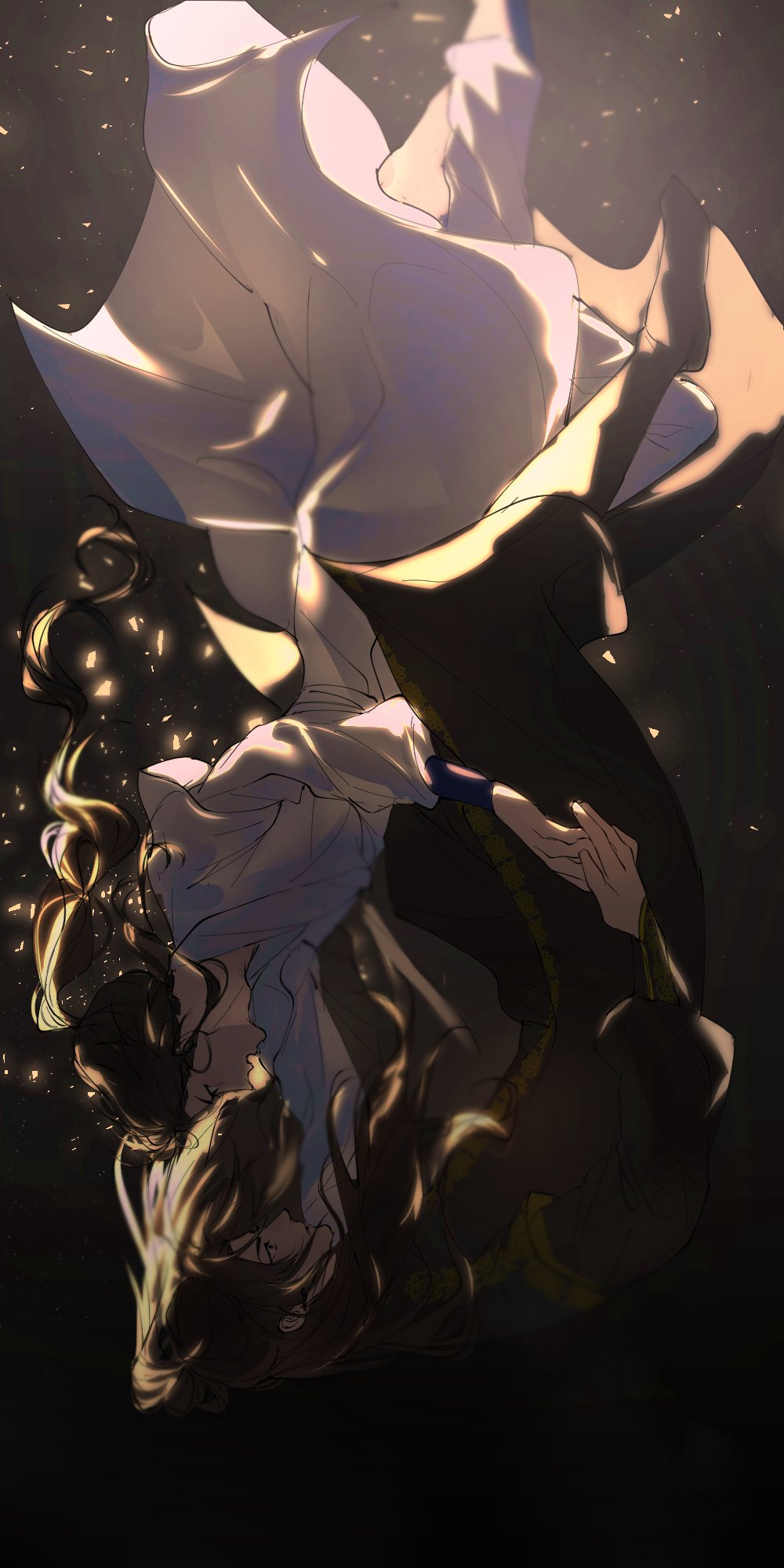 2boys, black_boots, black_hair, black_hanfu, black_pants, blurry, boots, brown_hair