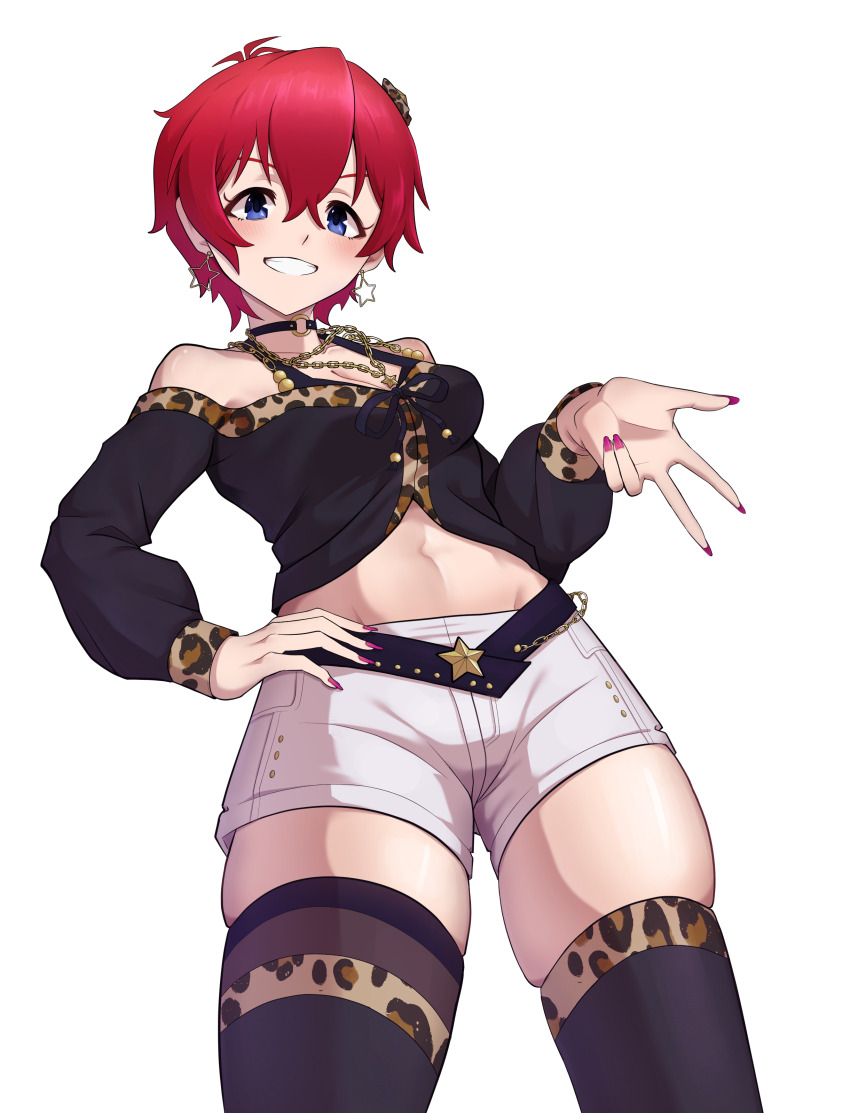 1girl, absurdres, animal_print, bare_shoulders, black_choker, black_shirt, blue_eyes, blush