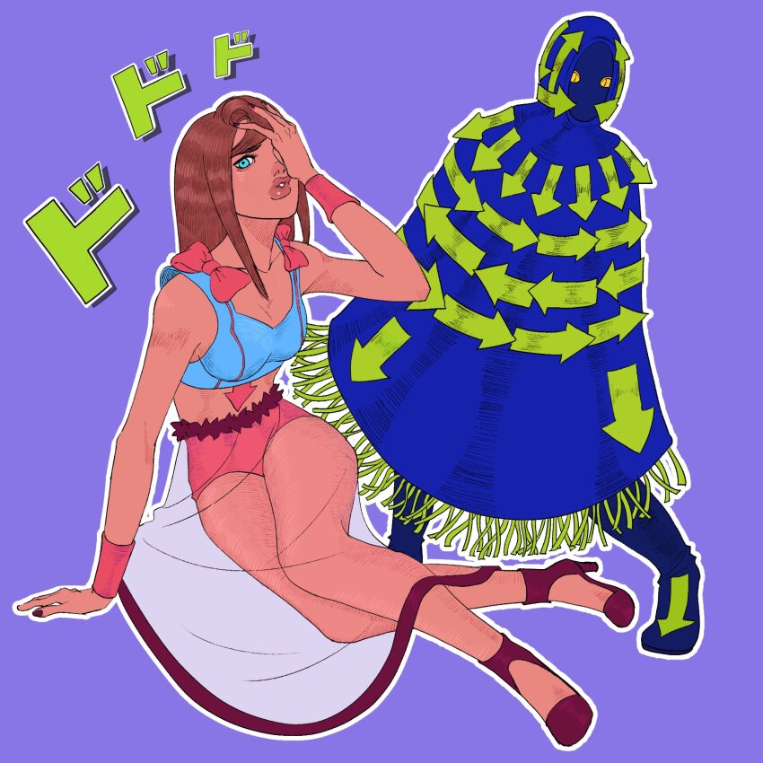 1girl, 1other, arrow_(symbol), atalajoestar, awaking_iii_leaves, blue_eyes, blue_poncho, blue_shirt