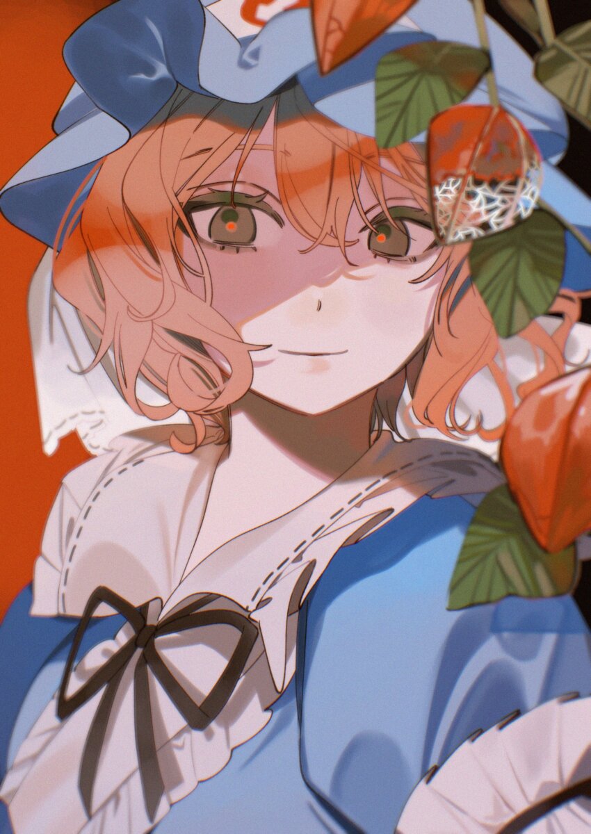 1girl, absurdres, black_ribbon, blue_hat, blue_kimono, brown_eyes, closed_mouth, collared_kimono