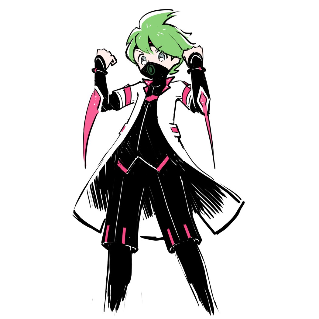 1boy, bede_(champion)_(pokemon), bede_(pokemon), bede_(pokemon)_(cosplay), bede_(sygna_suit)_(pokemon), black_headband, black_leggings, black_shorts, clenched_hands, coat, collared_coat, commentary, cosplay, ffccll, green_hair, grey_eyes, hands_up, headband, leggings, male_focus, mask, mouth_mask, nintendo, open_clothes, open_coat, pokemon, pokemon_masters_ex, pokemon_omega_ruby_and_alpha_sapphire, short_hair, shorts, simple_background, solo, wally_(pokemon), white_background, white_coat