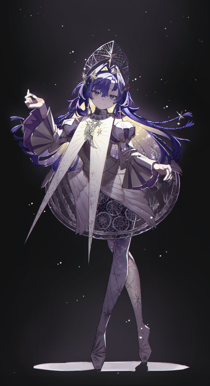 1girl, absurdres, backlighting, black_background, blonde_hair, blue_eyes, blue_hair, closed_mouth, colored_inner_hair, dress, full_body, gradient_pantyhose, hair_intakes, hair_ornament, highres, jiaxin_qiqiu_bao_dan, juliet_sleeves, kokoshnik, light_particles, long_hair, long_sleeves, looking_at_viewer, multicolored_hair, official_alternate_costume, pantyhose, print_pantyhose, puffy_sleeves, reverse:1999, smile, solo, spotlight, standing, star_(symbol), star_hair_ornament, starry_sky_print, tiptoes, voyager_(choir_of_the_stars)_(reverse:1999), voyager_(reverse:1999), white_dress, wide_sleeves