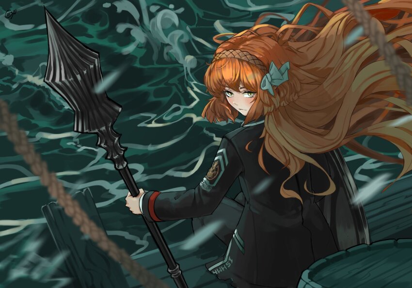 1girl, black_jacket, bow, brown_hairband, freckles, full_body, hair_bow, hairband