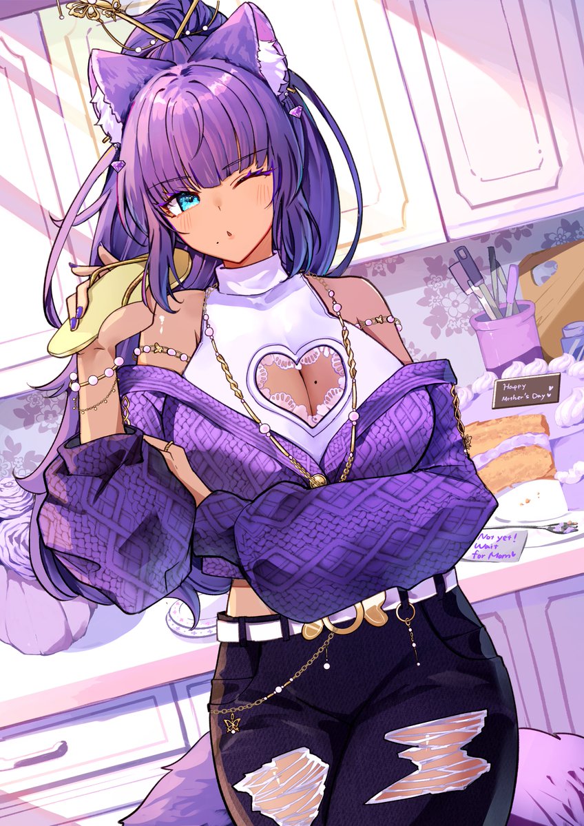 0_sakana_san, 1girl, animal_ear_fluff, animal_ears, belt, black_pants, blue_eyes, breasts, cake, cat_girl, cha_cha_(vtuber), cleavage, cleavage_cutout, clothing_cutout, commission, earrings, food, hair_ornament, hair_stick, heart_cutout, holding, holding_sandals, indie_virtual_youtuber, jewelry, kitchen, long_hair, long_sleeves, mole, mole_on_breast, mole_under_mouth, multiple_moles, one_eye_closed, pants, purple_nails, ring, sandals, shirt, sleeveless, sleeveless_shirt, solo, torn_clothes, torn_pants, utensil, virtual_youtuber, white_belt