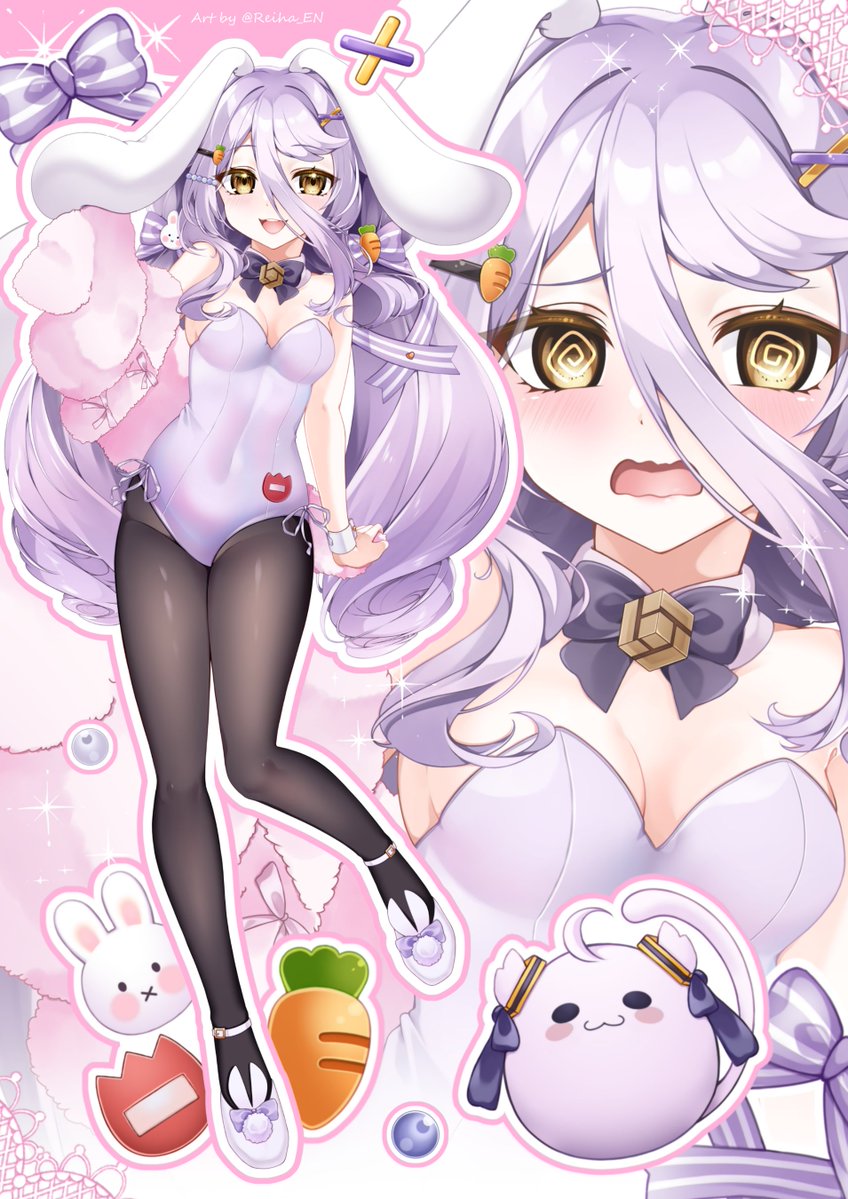 1girl, @_@, breasts, carrot, carrot_hair_ornament, food-themed_hair_ornament, fujishiro_kazuha, hair_ornament, henya_the_genius, henya_the_genius_(bunniversary), leotard, medium_breasts, pantyhose, playboy_bunny, virtual_youtuber, vshojo, white_leotard