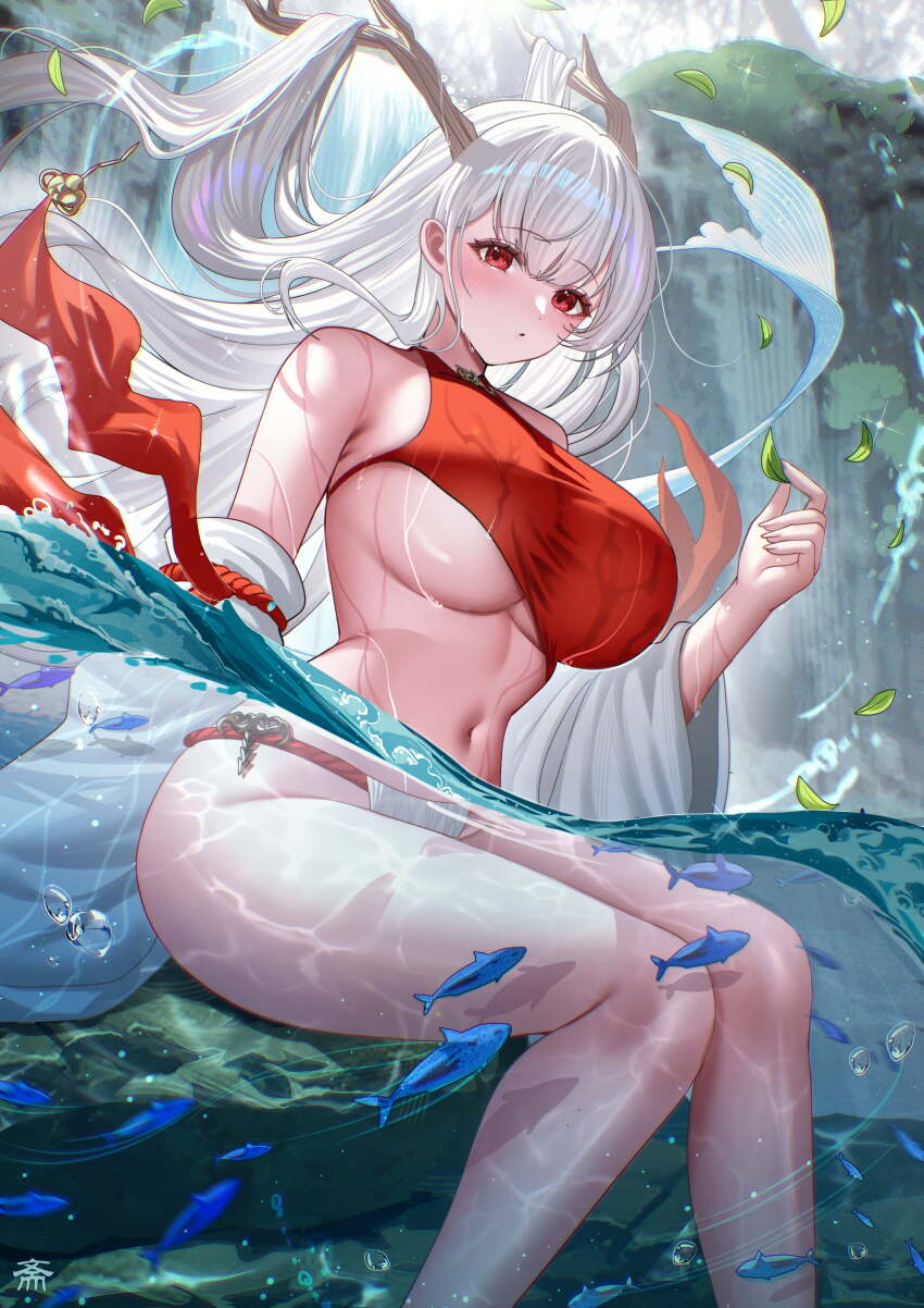 1girl, absurdres, azur_lane, bikini, blush, breasts, dragon_girl, dragon_horns