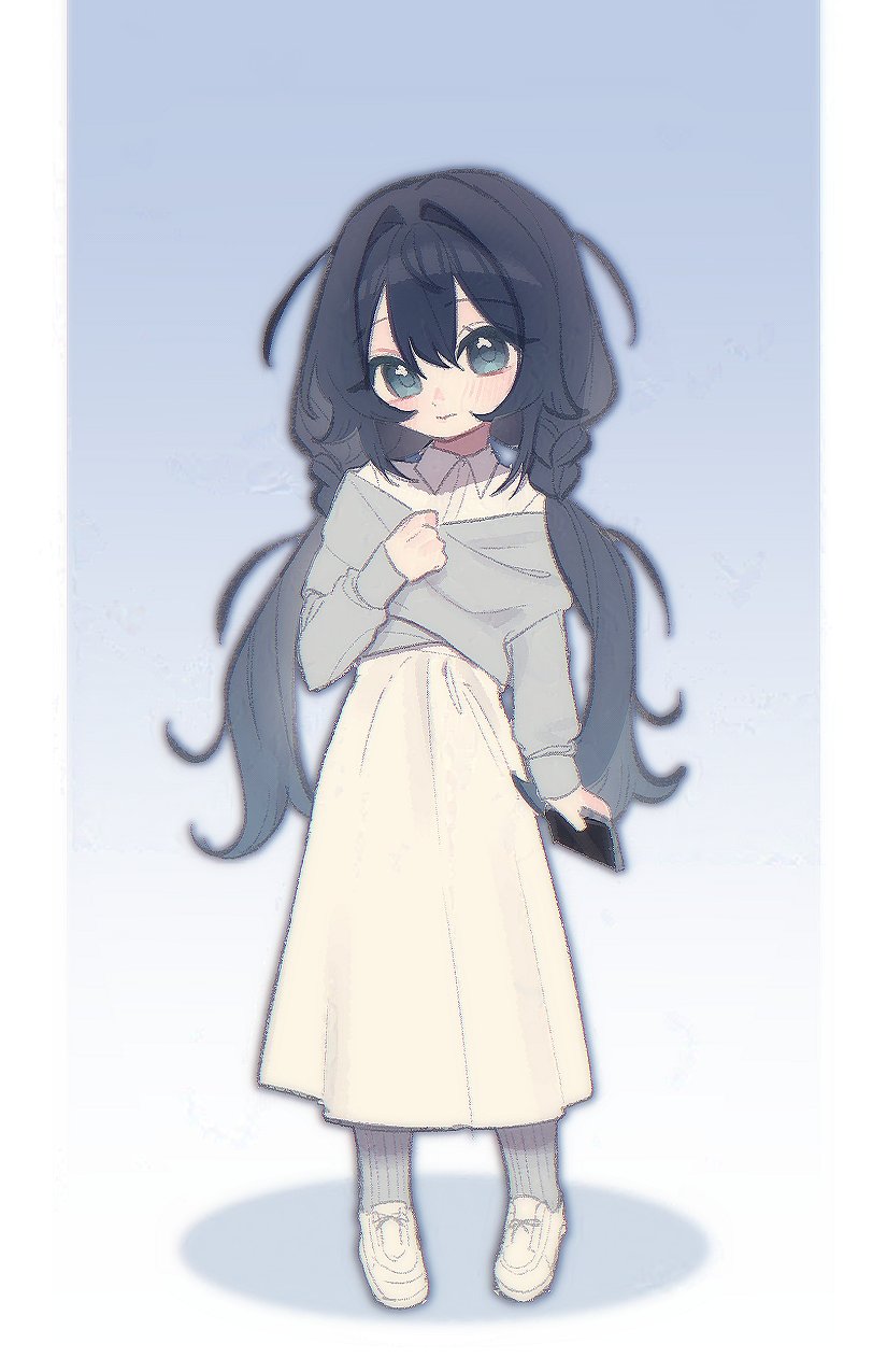 1girl, alternate_costume, black_hair, blue_background, blue_eyes, braid, cellphone, chi_kan100