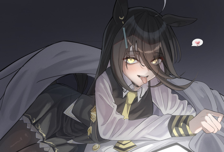 1girl, ahoge, animal_ears, black_choker, black_hair, black_pantyhose, black_skirt, black_vest