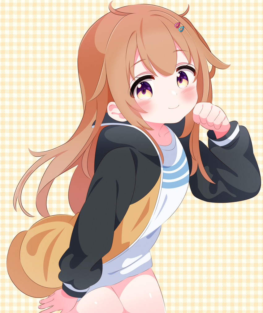 1girl, antenna_hair, blush, brown_eyes, brown_hair, collarbone, flat_chest, hair_ornament, hairclip, hibi_wa_sugiredo_meshi_umashi, highres, jacket, leaning_forward, letterman_jacket, loli, long_hair, long_sleeves, looking_at_viewer, ogawa_shinon, open_clothes, open_jacket, paw_pose, plaid_background, r245, shirt, smile, standing, striped_clothes, striped_shirt, white_shirt, yellow_background, yellow_jacket