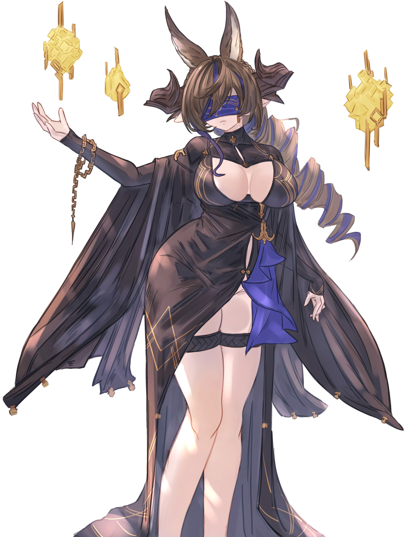 1girl, absurdres, animal_ears, black_dress, blindfold, blue_hair, breasts, brown_dress