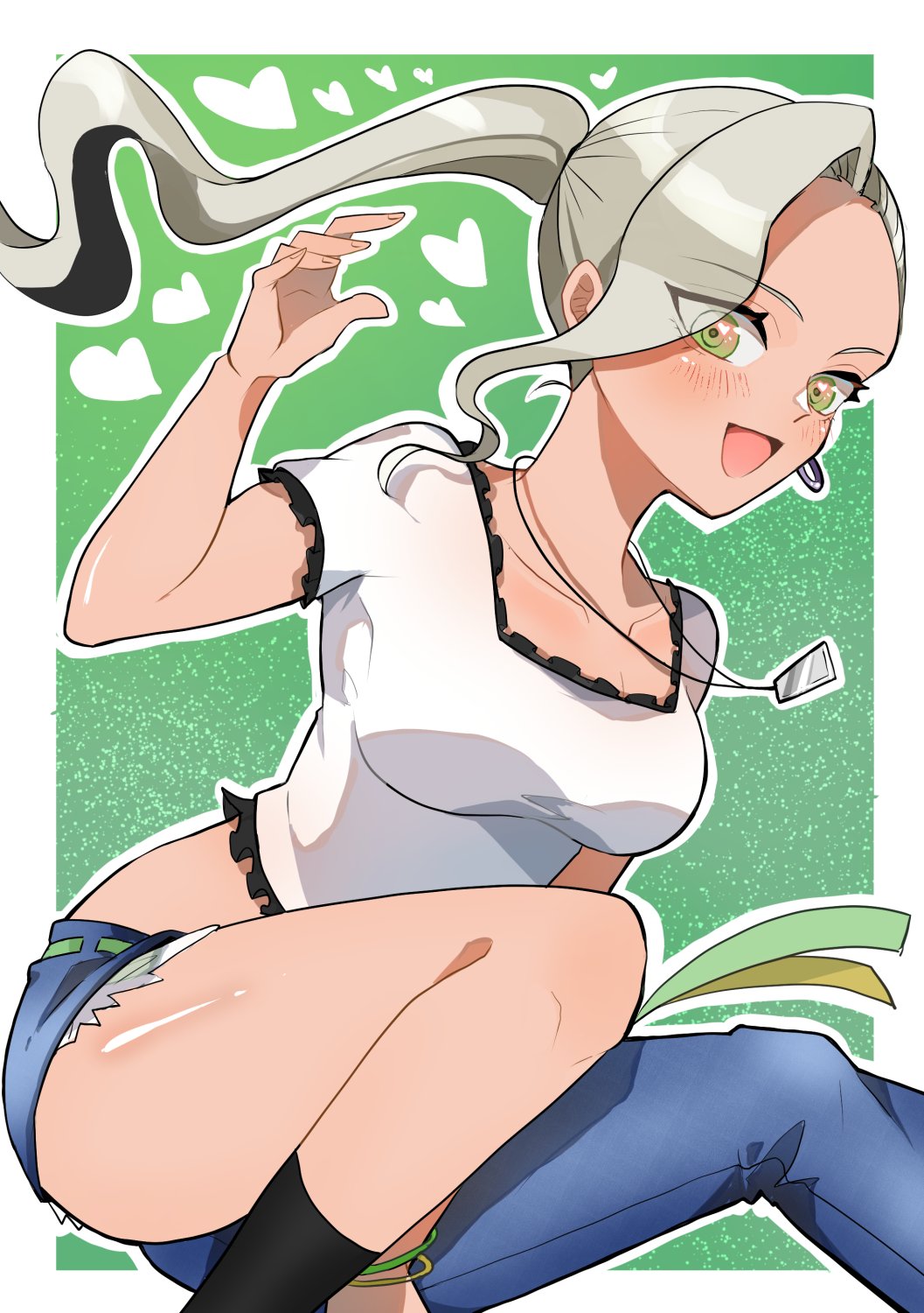 1girl, asymmetrical_legwear, blush, chacha_kamimaru, dark-skinned_female, dark_skin, denim, dog_tail