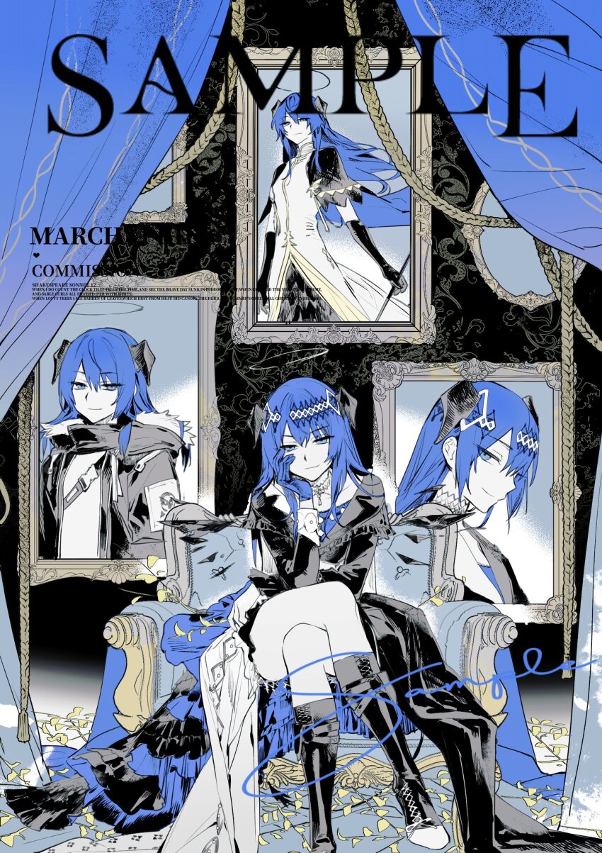 1girl, arknights, asymmetrical_dress, black_capelet, black_dress, black_horns, black_jacket, blue_dress