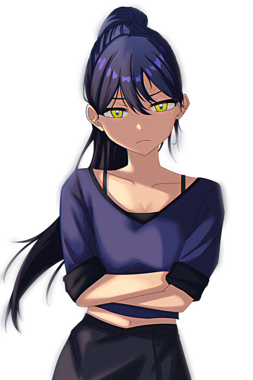 1girl, absurdres, blue_hair, blue_shirt, crossed_arms, gundam, gundam_gquuuuuux, highres