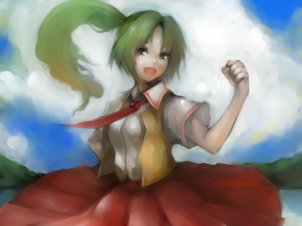 1girl, bad_id, bad_pixiv_id, female_focus, green_eyes, green_hair, higurashi_no_naku_koro_ni, inoe, inoe_(noie), long_hair, matching_hair/eyes, necktie, ponytail, red_necktie, school_uniform, solo, sonozaki_mion, vest