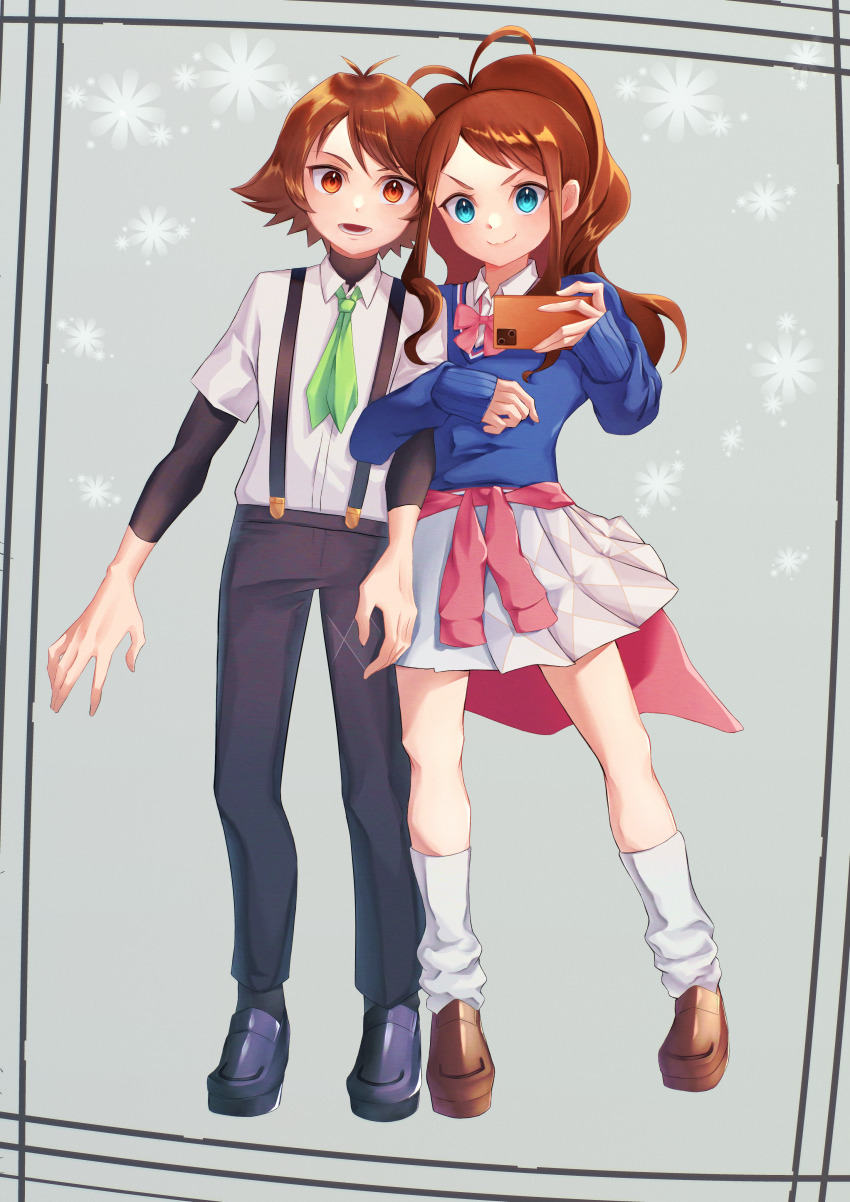 1boy, 1girl, absurdres, blue_eyes, bow, brown_eyes, brown_hair, green_necktie