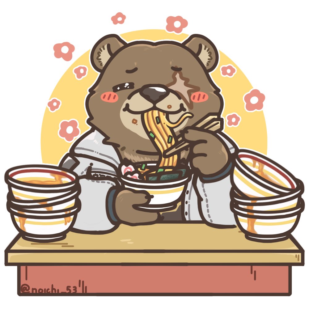 1boy, animal_ears, bear_boy, bear_ears, ben_bigger, black_tank_top, blush, bowl, brown_fur, chibi, chibi_only, chopsticks, closed_eyes, commentary, eating, english_commentary, facing_viewer, flower, food, furry, furry_male, holding, holding_bowl, holding_chopsticks, jacket, male_focus, noichi_53, noodles, ramen, scar, scar_across_eye, scar_on_face, slurping, smile, table, tank_top, twitter_username, white_jacket, zenless_zone_zero