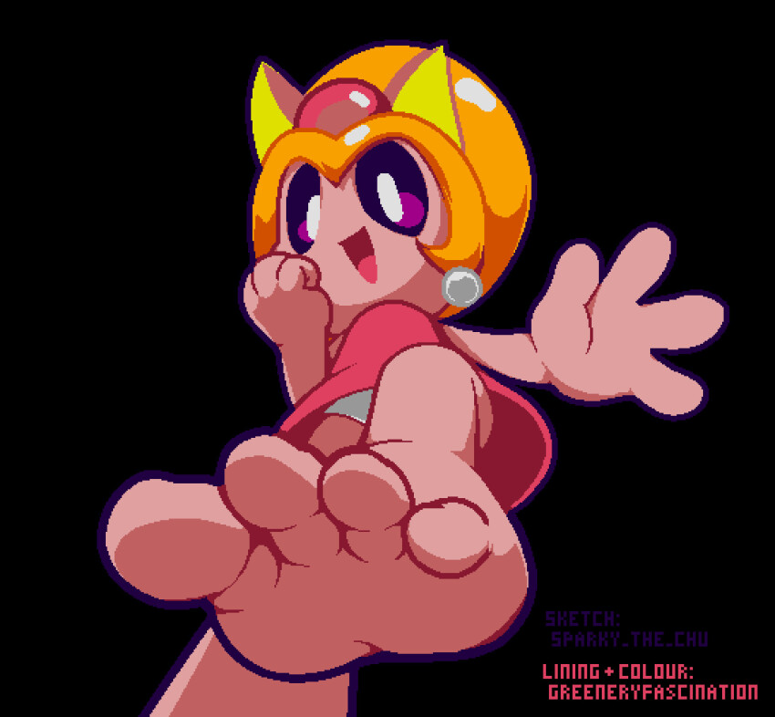 1girl, artist_name, barefoot, black_background, colored_skin, crown, dress, earrings, feet, foot_focus, greeneryfascination, hair_bun, highres, jewelry, katy, open_mouth, panties, pink_skin, pov, red_entertainment, sega, simple_background, soles, sparky_the_chu, super_tempo, tempo, toes, underwear, upskirt