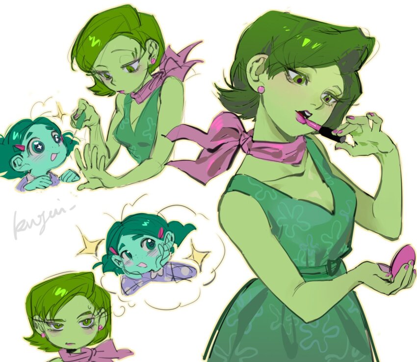 +_+, 2girls, artist_name, bandana, bare_shoulders, blue_skin, blush, collarbone