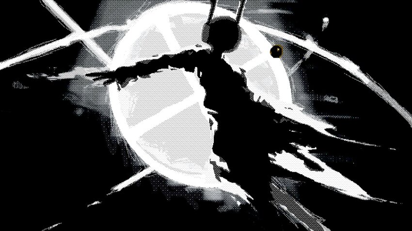 1boy, androgynous, black_background, commentary, egshels, english_commentary, five_pebbles, greyscale, humanoid_robot, iterator_(rain_world), karma_symbol_(rain_world), monochrome, pearl_(rain_world), pixel_art, rain_world, robot, robot_ears