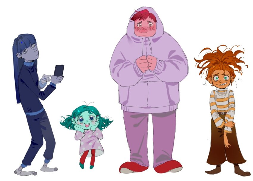 1boy, 3girls, anxiety_(inside_out_2), aqua_eyes, belt, blue_eyes, blue_hair, blue_nails