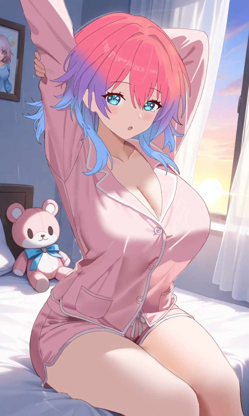 1girl, absurdres, arms_up, bed, bedroom, blue_eyes, blue_hair, blush